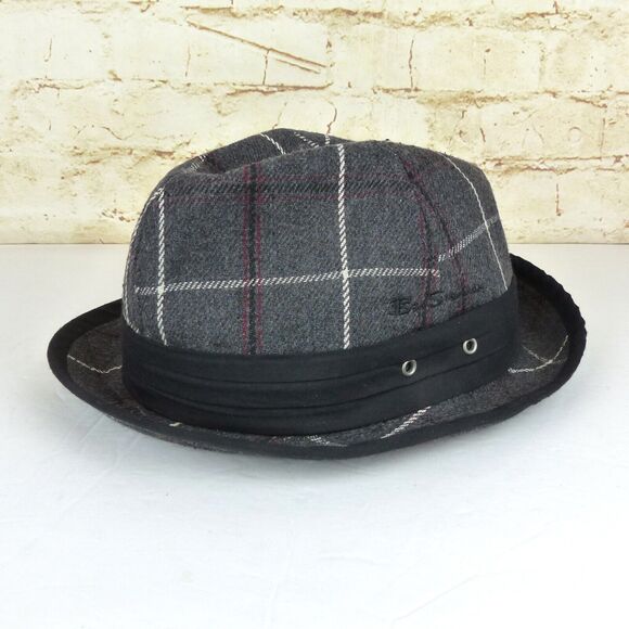 Y2K Ben Sherman Fedora Hat Men L/XL Gray Plaid Wool Black Band Emo Grunge Preppy - Picture 3 of 11